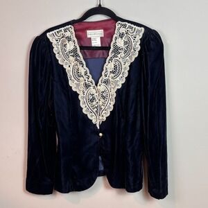 Vintage 1980's Jessica McClintok WOmens Navy Velvet Lace Blazer Blouse sz Small